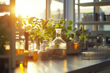 Sunlight streams through large windows, casting a warm glow on various glass containers filled with liquids. Lush green plants thrive nearby in this lively laboratory.の素材