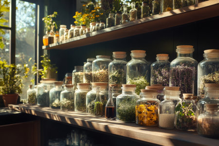 Sunlight filters through the window, illuminating rows of jars filled with dried herbs and flowers, highlighting the essence of natural remedies and botanical diversity.の素材