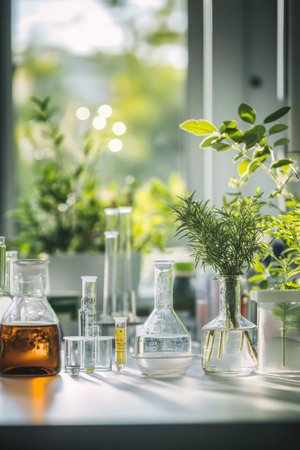 A vibrant laboratory is filled with various glass containers holding colored liquids, while plants thrive nearby, illuminated by sunlight pouring through the windows.の素材