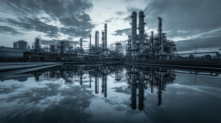 An industrial area showcases tall structures reflecting in a calm water body at dusk, with dramatic clouds enhancing the overall atmosphere of the location.の素材