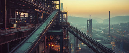 The industrial site showcases conveyor belts transporting materials against a backdrop of a glowing sunset. The city skyline is silhouetted in the twilight.の素材