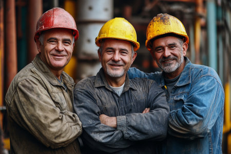 Three skilled construction workers smile and pose with their arms crossed, showcasing camaraderie in their work attire at a vibrant construction site.の素材