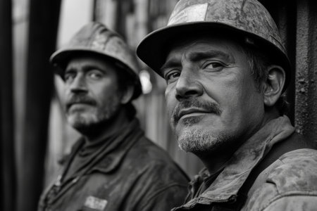 Two miners stand closely together in a coal mine, wearing helmets and expressing a sense of camaraderie amidst the challenging work environment.の素材