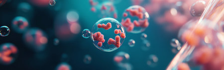 Tiny bacteria float within translucent cells, illuminated by colorful light, highlighting the intricate details of microbial life in a laboratory environment.の素材