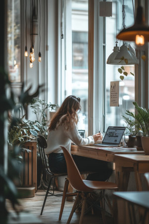 In a cozy cafe, a woman sits at a wooden table, typing on her laptop while sipping a drink. Tall windows let in abundant sunlight, enhancing the inviting atmosphere.の素材