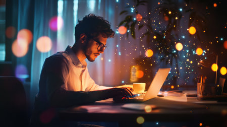 A man is deeply engaged in work on his laptop during the night, illuminated by soft light and surrounded by warm, decorative bokeh effects, creating a serene environment.の素材