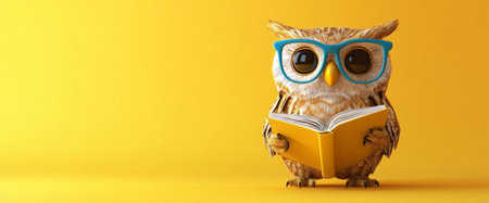 An adorable owl with oversized blue glasses happily holds a yellow book. The vibrant yellow backdrop enhances the cheerful atmosphere of the moment.の素材