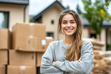 A young woman exudes confidence as she stands with her arms crossed, surrounded by cardboard boxes outside a house, highlighting a moment of achievement during moving day.の素材