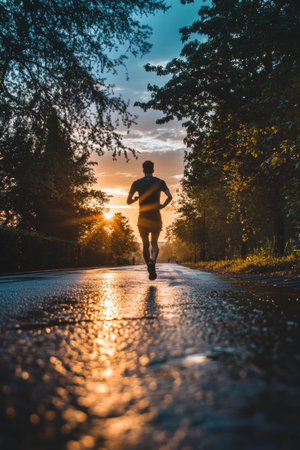 As the sun sets, a solo runner moves gracefully along a rain-kissed road, framed by lush greenery. The warm glow of evening light enhances the serene atmosphere.の素材