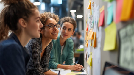 Three young women are engaged in a vibrant brainstorming session, sharing ideas and notes while surrounded by colorful sticky notes in a contemporary office environment.の素材
