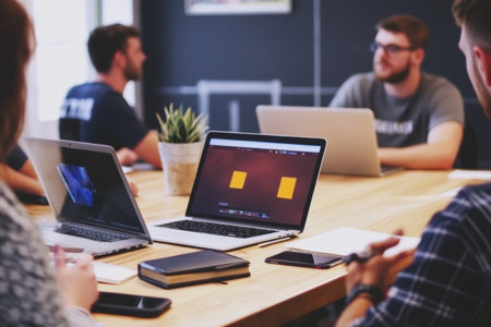 A group of professionals engages in a brainstorming session in a modern office. Laptops, notepads, and a small plant decorate the wooden table, fostering a productive atmosphere.の素材