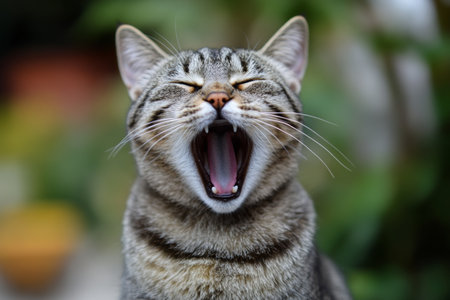 A tabby cat opens its mouth wide in a big yawn while resting in a lush garden. The warm sunlight highlights its fur and playful demeanor.の素材