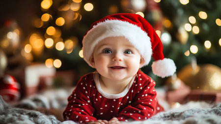 A cheerful baby smiles widely while wearing a Santa hat, lying on a cozy blanket surrounded by colorful Christmas decorations and glowing lights.の素材