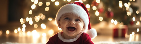 A cheerful baby wearing a Santa hat sits on the floor, grinning widely as warm lights twinkle in the background among festive decorations, embodying the spirit of Christmas joy.の素材