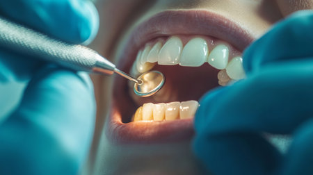 A dental hygienist carefully examines a patient's mouth using a mirror and scaler tool during a routine dental check-up at a modern clinic.の素材