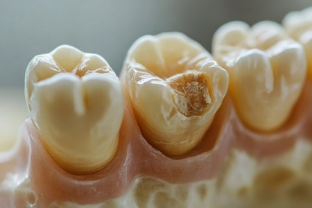 A detailed observation reveals several molars, one displaying a visible cavity, emphasizing the importance of dental care and regular check-ups for maintaining oral health.の素材