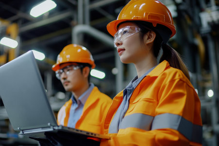 A woman and man in bright orange safety jackets and helmets are focused on a laptop, overseeing production in a busy industrial setting with machinery around them.の素材