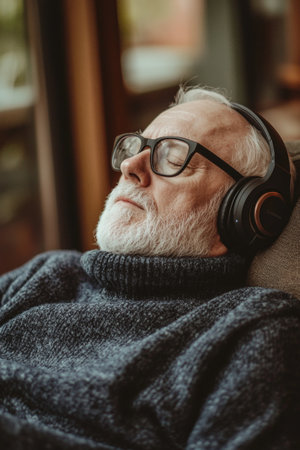 A senior man with a beard and glasses sits back, eyes closed, while listening to music through headphones, embodying relaxation in a warm environment.の素材