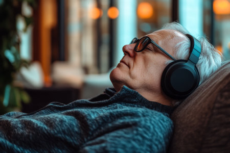 An elderly man is reclining comfortably in a modern lounge, wearing headphones while enjoying a moment of relaxation in a softly lit environment.の素材