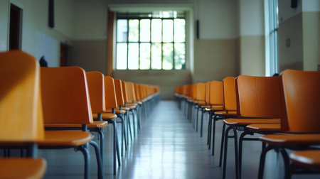 Several rows of empty orange chairs are arranged neatly in a classroom. Sunlight streams through large windows, creating a warm atmosphere in the space.の素材