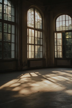 Golden sunlight filters through tall, dusty windows, creating intricate shadows on the wooden floor of a forgotten room, evoking tranquility and nostalgia.の素材