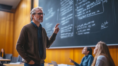 The instructor stands in front of a blackboard, leading a discussion while students listen and contribute ideas during a university lecture.の素材