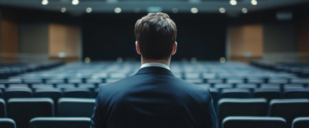 A suited man faces an empty auditorium, reflecting on his upcoming presentation. The dimly lit space highlights the rows of empty seats before him, creating a sense of solitude.の素材