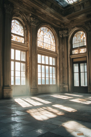 Sunlight filters through large, ornate windows, illuminating a spacious room with intricate architectural details and a beautiful tiled floor. The atmosphere is serene and inviting.の素材