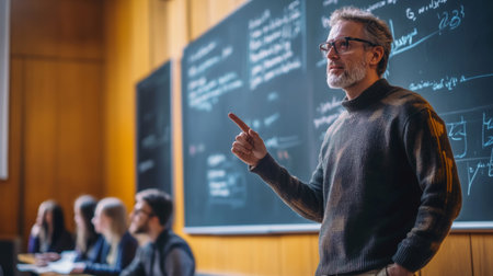 A knowledgeable instructor engages students by explaining intricate ideas in a classroom. The atmosphere is focused, with equations illustrated on chalkboards behind him.の素材