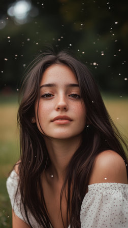A young woman with flowing dark hair gazes gently at the camera, surrounded by a tranquil field as delicate snowflakes fall softly around her, creating a magical atmosphere.の素材