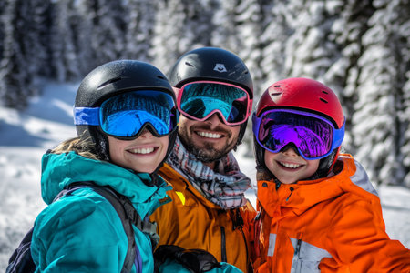 A group of three, including two children and an adult, smiles brightly while skiing in a snowy mountain setting. They wear colorful winter gear and helmets.の素材