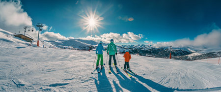 A family enjoys a skiing adventure on a sunlit mountain slope, surrounded by breathtaking snowy landscapes and majestic mountain peaks in winter.の素材