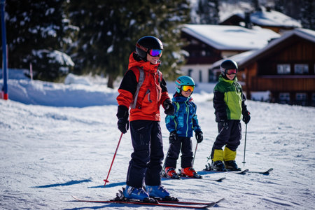 Three children are dressed in winter gear, skiing down a snowy slope in a picturesque mountain resort, enjoying the winter sunshine together.の素材