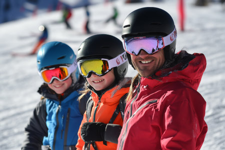 A cheerful family smiles while skiing at a mountain resort, dressed in colorful winter gear, surrounded by fellow skiers on a bright, sunny day.の素材