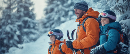 A father and his two children are ready for a ski adventure in the picturesque snow-capped mountains, dressed warmly and smiling amid falling snowflakes.の素材