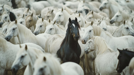 A striking black horse is surrounded by numerous white horses, creating a beautiful contrast amidst the green pasture under clear skies.の素材