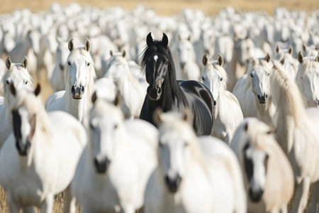 A black horse confidently positions itself in the center of a herd composed mainly of white horses, all enjoying the vast open field under clear skies.の素材