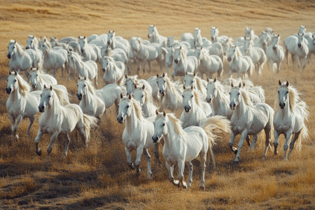 A large group of white horses runs energetically through sunlit golden grasslands, creating a dynamic and captivating sight in the open field.の素材