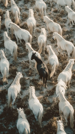 A striking scene shows a herd of white horses grazing, with one black horse positioned in the center, creating a captivating contrast in the natural environment.の素材