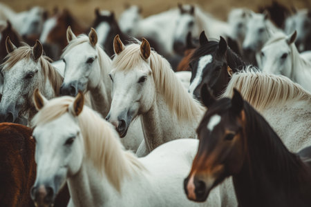 Horses of different breeds and colors gather in a sunlit pasture, exhibiting an array of striking coats. The scene captures their beauty and tranquility during late afternoon.の素材