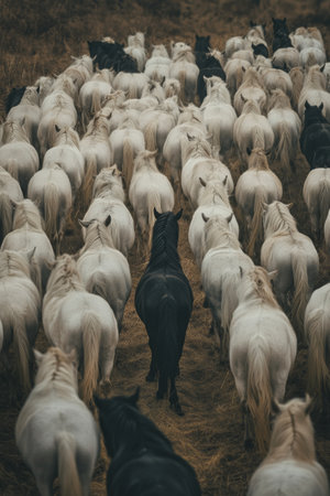 Horses of varying colors, predominantly white with a few black, move in a unified direction through a mist-covered field at dawn, creating a serene atmosphere.の素材