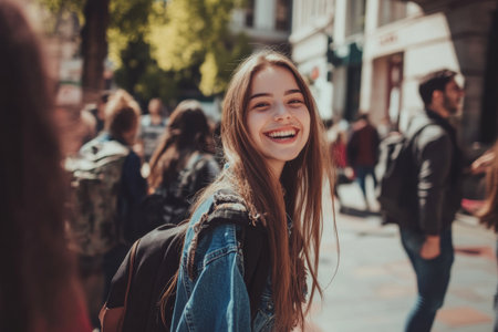 A young woman wearing casual attire beams with joy as she walks along a vibrant city street filled with people enjoying their dayの素材