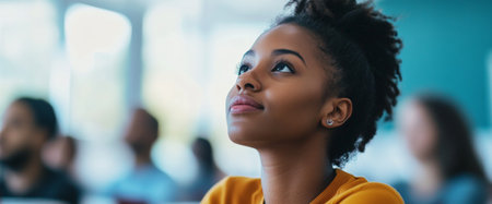 A focused student with curly hair gazes upwards while listening to a lesson. The bright classroom is filled with engaged peers, creating an inspiring atmosphere.の素材