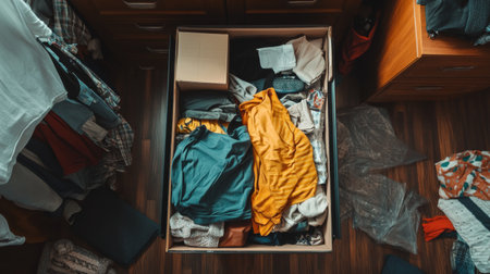 A drawer overflows with various clothing items including shirts, pants, and a yellow garment, reflecting disorganization in a cozy bedroom.の素材