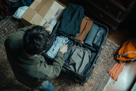 A person is organizing a suitcase, carefully folding clothes like shirts and pants, while a cluttered room with boxes and bags is in the background, suggesting travel plans.の素材