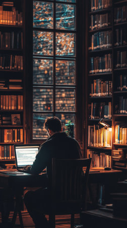 A person is focused on their laptop at a wooden table in a warm library filled with books, illuminated softly by a nearby lamp as evening descends.の素材