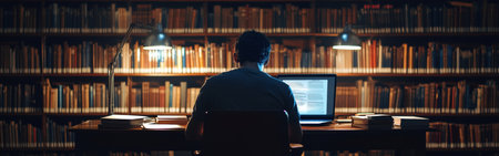 In a quiet library, a student immerses in their studies at night, illuminated by desk lamps and surrounded by shelves stacked with books, highlighting dedication to learning.の素材