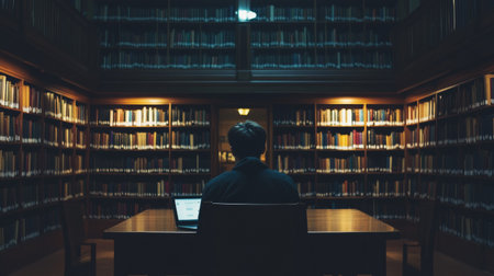 A solitary individual sits at a wooden desk in a softly lit library, engrossed in their laptop. The shelves are lined with numerous books, creating a studious atmosphere.の素材