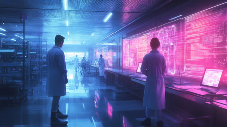 In a high-tech laboratory, researchers in lab coats engage with holographic displays and computers, analyzing complex data amidst vibrant purple and blue lighting.の素材
