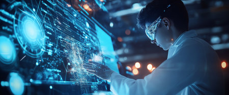 A scientist wearing goggles interacts with a holographic display, examining complex data and visualizations in a modern research lab at night.の素材